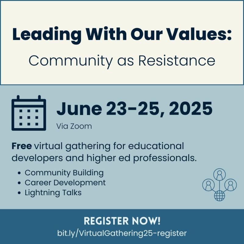 Flyer - Leading with our values: Community as resistance. June 23-25 via Zoom FREE virtual gathering for educational developers and higher ed professionals