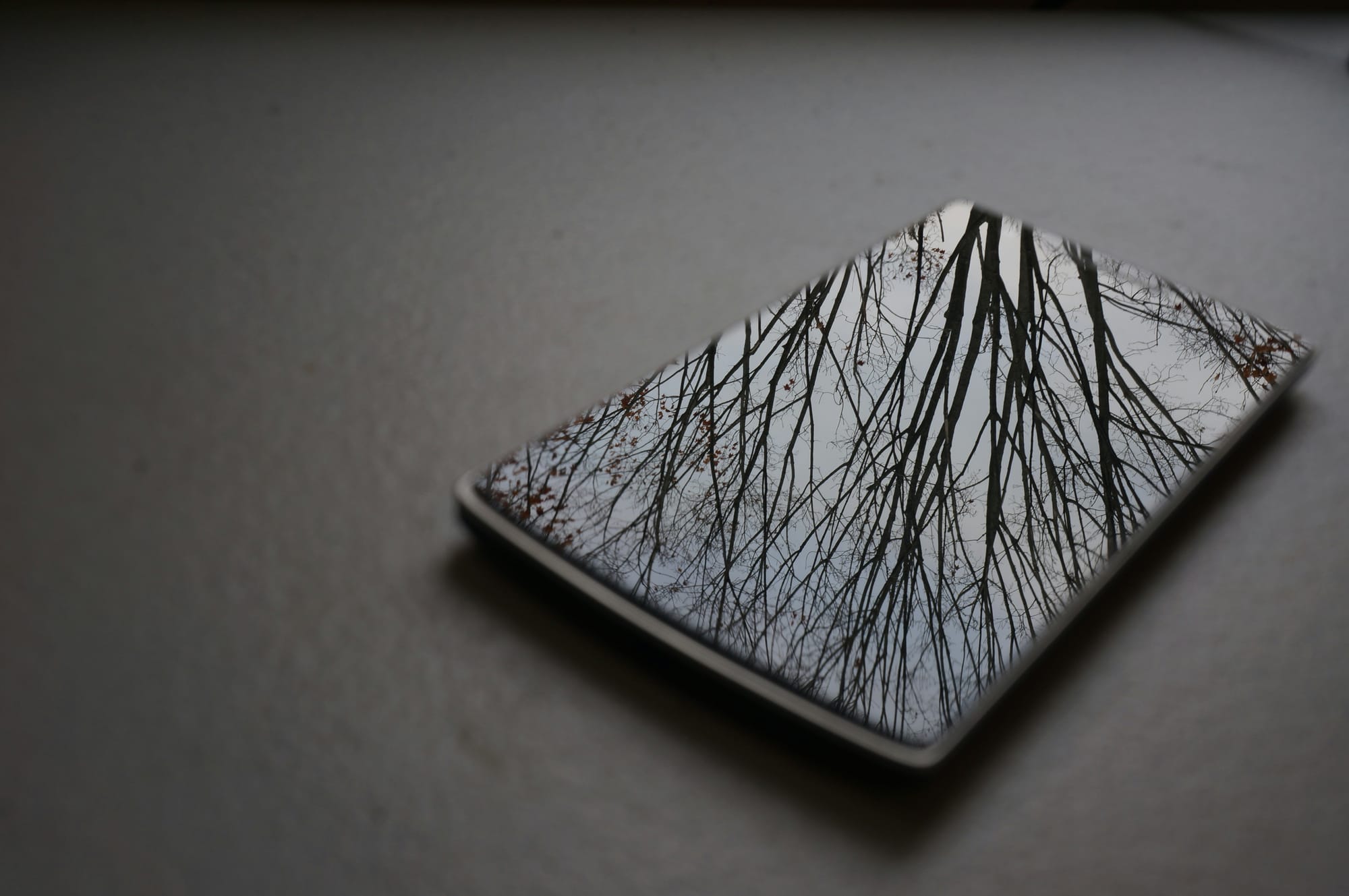 Turned-off smartphone reflecting winter trees