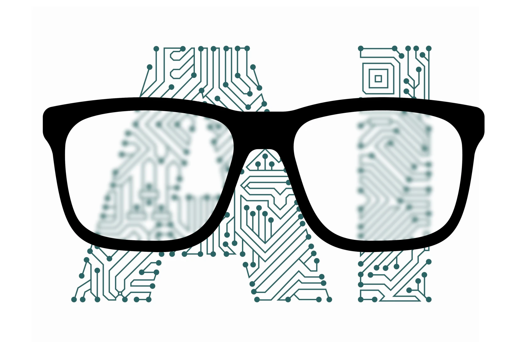 The word AI is spelled out in the background; black-rimmed glasses obscure rather than clarify