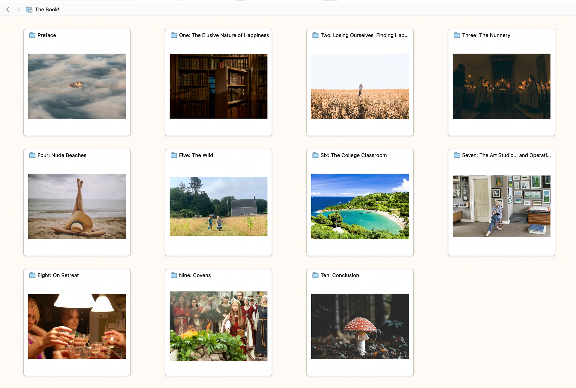 Digital notecards of chapters with pretty images, all titles being a place (nunnery, nude beaches), many related to happiness.